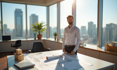 Architecte confiant dans un bureau moderne avec plans et skyline