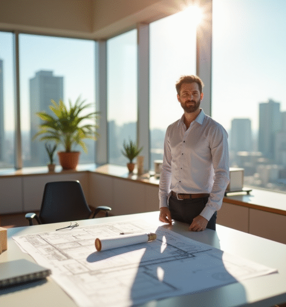 Architecte confiant dans un bureau moderne avec plans et skyline