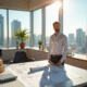 Architecte confiant dans un bureau moderne avec plans et skyline