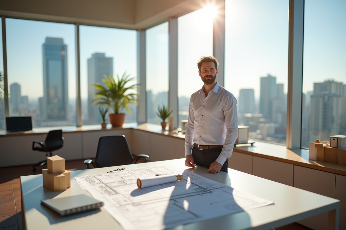 Architecte confiant dans un bureau moderne avec plans et skyline
