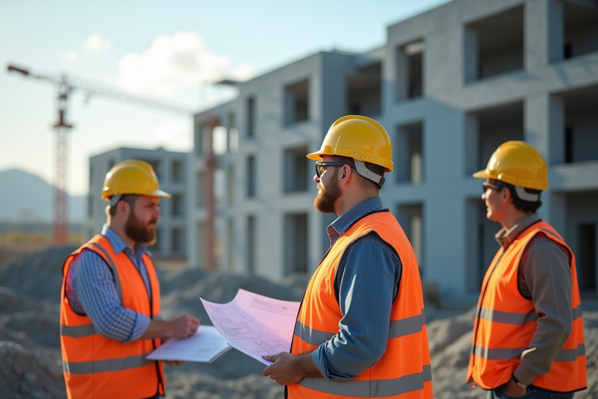 Architecte sur un chantier avec casque et plans en main