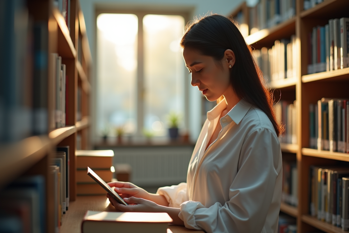 Bibliothecaire organisant des livres dans une bibliothèque lumineuse