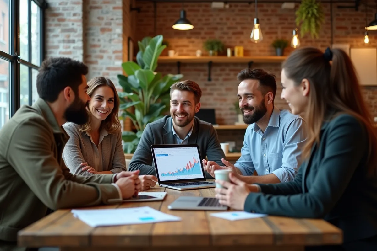 Groupe d entrepreneurs en brainstorming dans un espace coworking