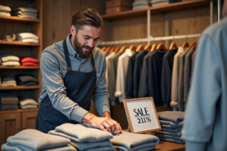 Homme commerçant en magasin de vêtements hiver en train de réapprovisionner