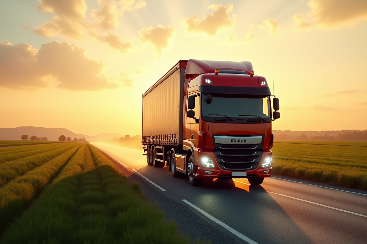 Camion roulant sur une route au lever du soleil dans un paysage vert