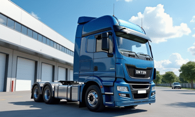 Camion utilitaire brillant devant un entrepôt moderne en plein jour