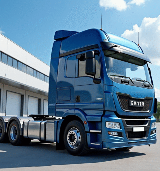 Camion utilitaire brillant devant un entrepôt moderne en plein jour