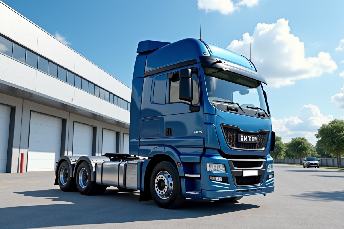 Camion utilitaire brillant devant un entrepôt moderne en plein jour