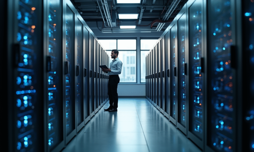 Centre de données moderne avec serveurs lumineux et ingénieur analysant une tablette
