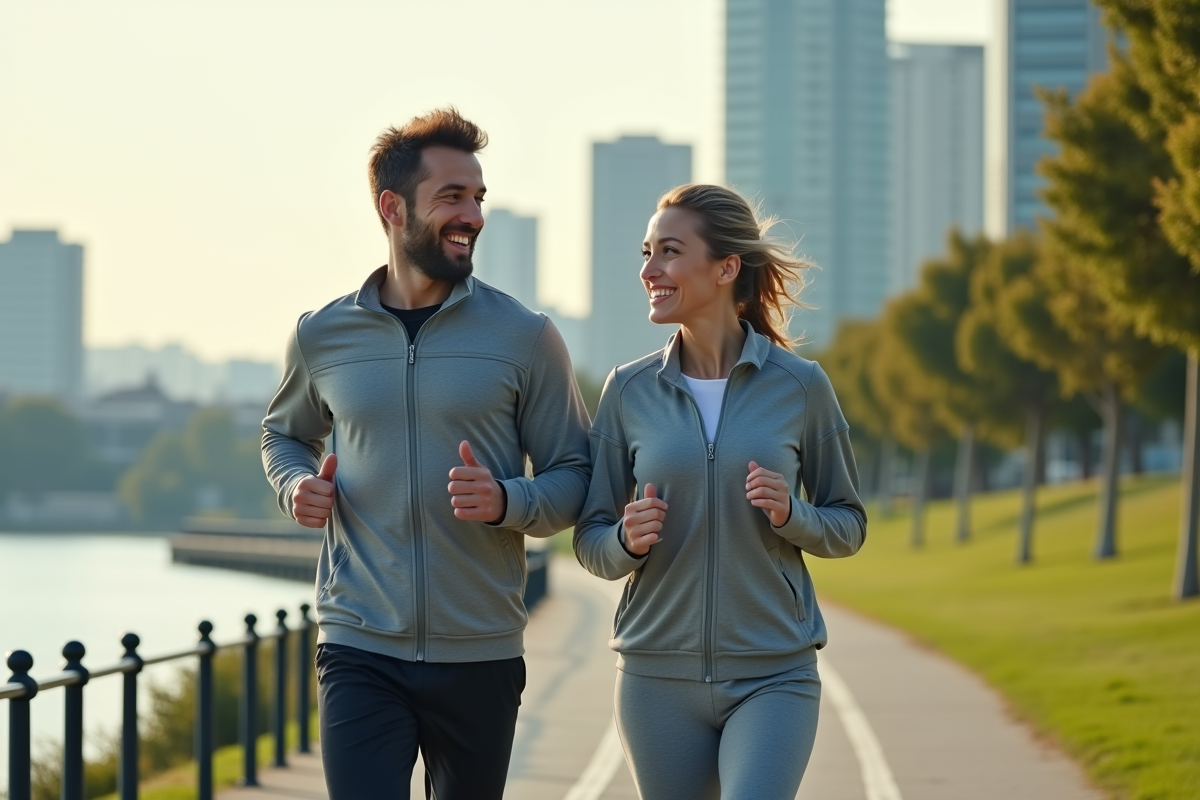 Deux collègues courant le long de la rivière en tenue de sport