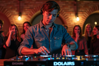 Jeune DJ mixant en club élégant avec foule en arrière-plan