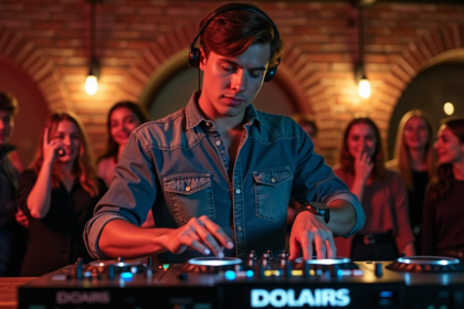 Jeune DJ mixant en club élégant avec foule en arrière-plan