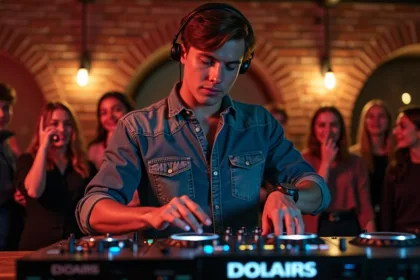 Jeune DJ mixant en club élégant avec foule en arrière-plan
