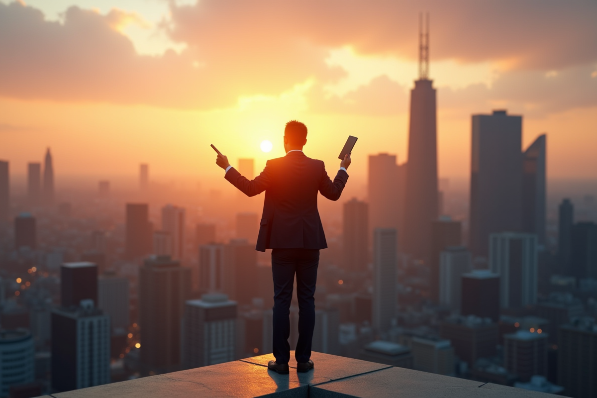 Entrepreneur confiant sur un toit avec vue sur la ville au lever du soleil