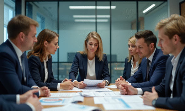 Groupe de professionnels en réunion d'affaires en salle moderne