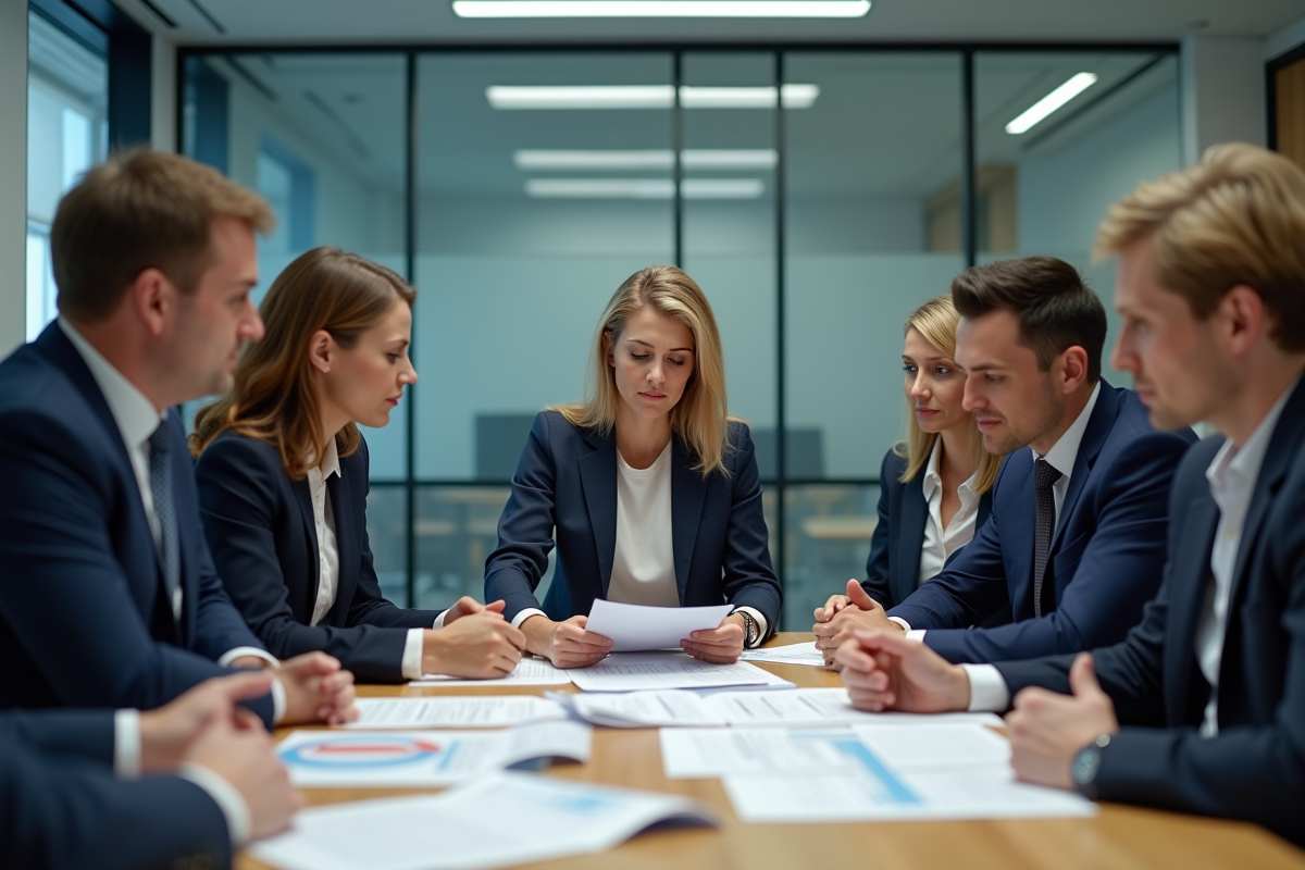 Groupe de professionnels en réunion d'affaires en salle moderne
