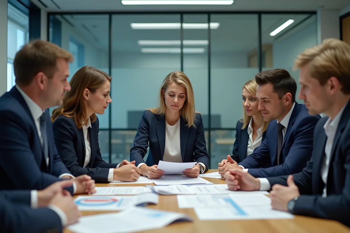 Groupe de professionnels en réunion d'affaires en salle moderne