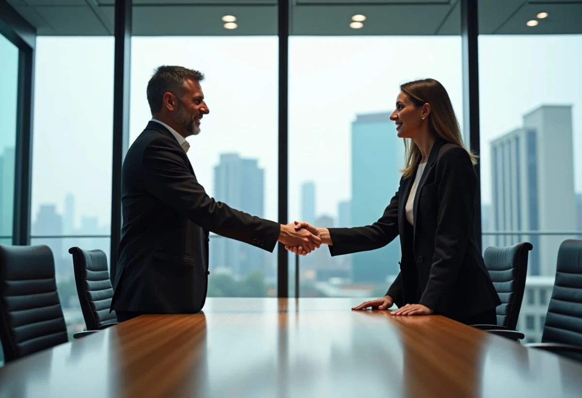 Homme et femme d'affaires se serrant la main dans une salle moderne