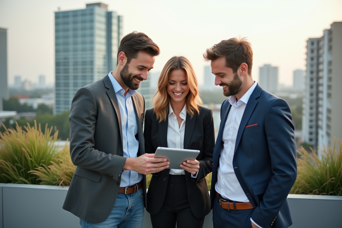 Groupe diversifié en brainstorming sur un rooftop urbain