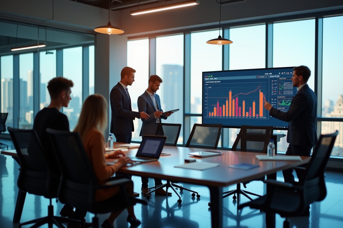 Équipe professionnelle en réunion dans un bureau moderne
