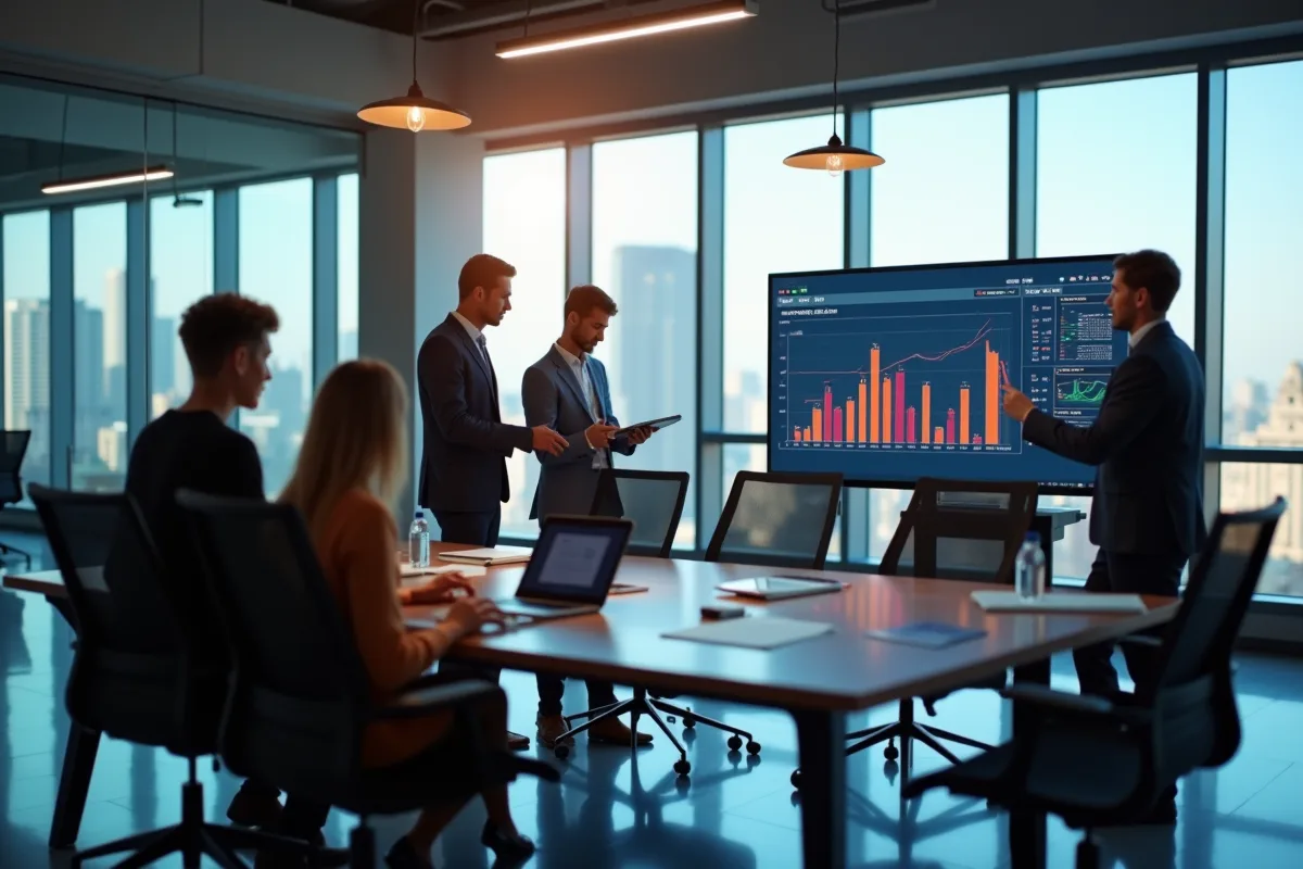 Équipe professionnelle en réunion dans un bureau moderne