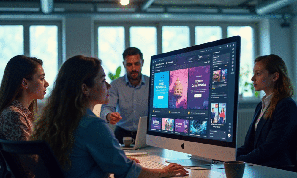 Groupe de professionnels dans un bureau avec écran d advertisements