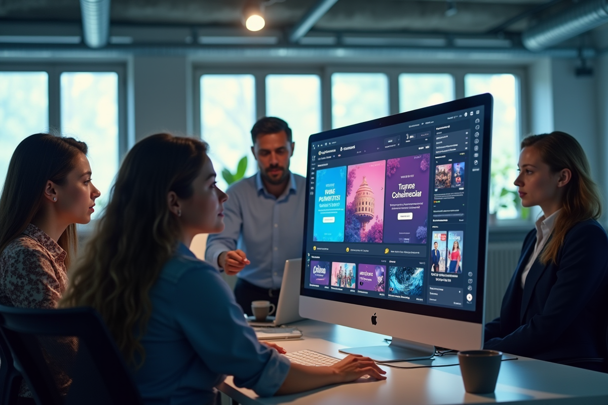 Groupe de professionnels dans un bureau avec écran d advertisements