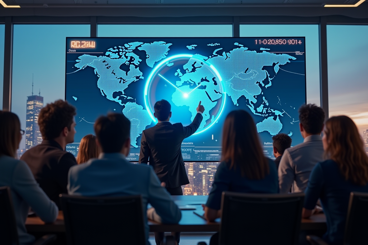 Groupe de jeunes professionnels autour d une horloge mondiale digitale