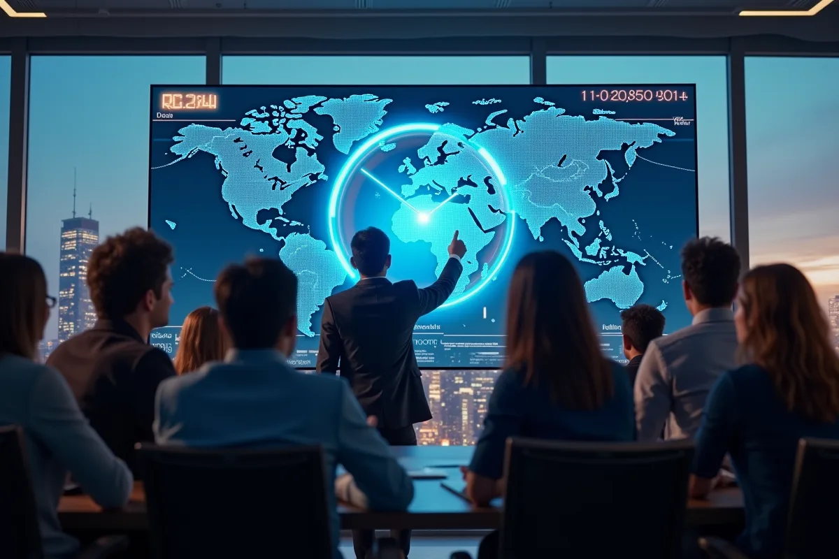 Groupe de jeunes professionnels autour d une horloge mondiale digitale