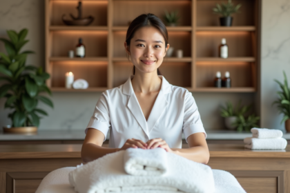 Femme en uniforme blanc dans un spa moderne et serein