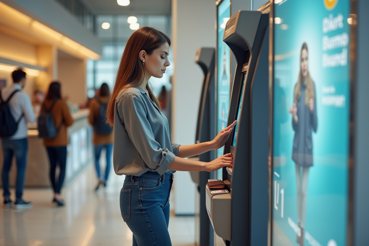 Femme utilisant un distributeur Bitcoin dans une banque moderne