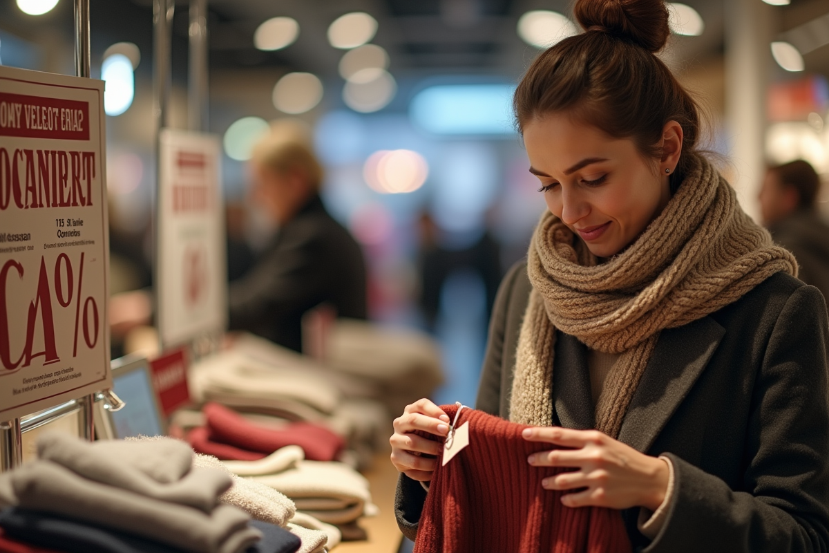 Jeune femme examinant un pull en solde dans un magasin