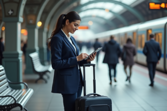 Femme d'affaires avec valise sur plateforme de train