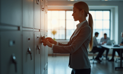 Femme d'affaires verrouillant des documents importants dans un bureau lumineux