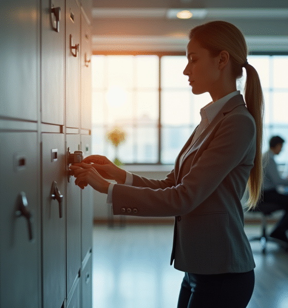 Femme d'affaires verrouillant des documents importants dans un bureau lumineux