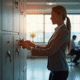 Femme d'affaires verrouillant des documents importants dans un bureau lumineux