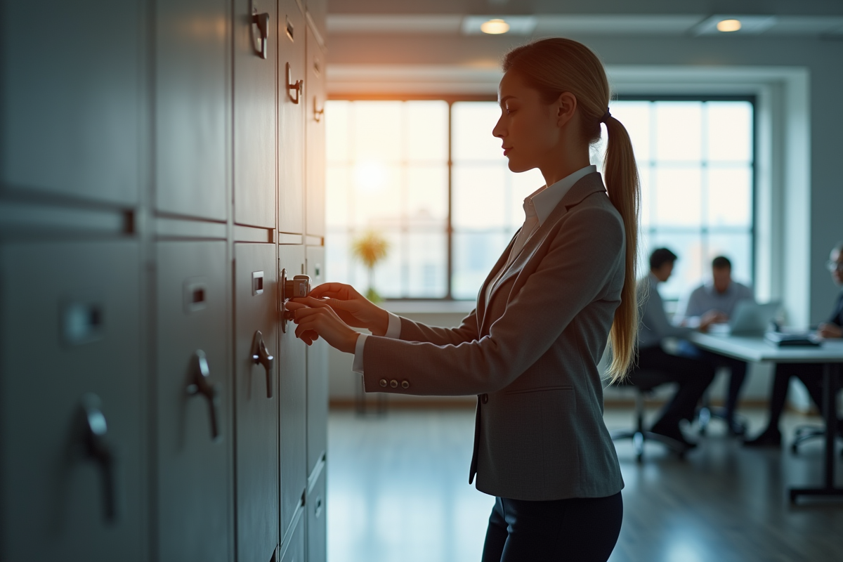 Femme d'affaires verrouillant des documents importants dans un bureau lumineux