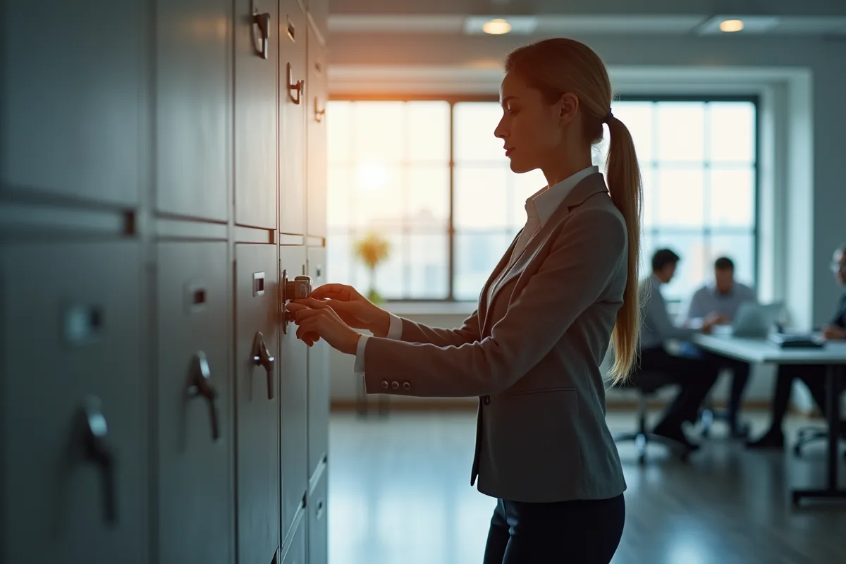 Femme d'affaires verrouillant des documents importants dans un bureau lumineux