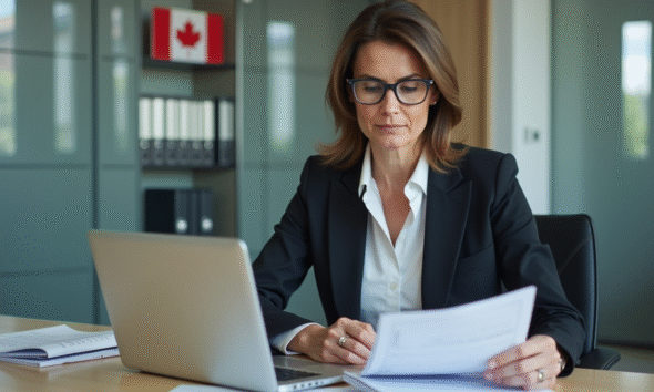 Femme d'affaires canadienne examinant des documents de privacy