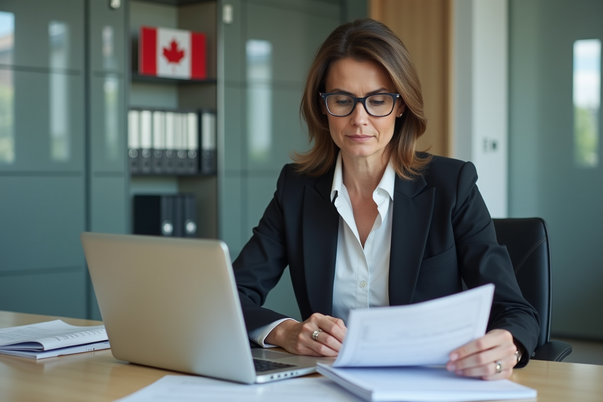 Femme d'affaires canadienne examinant des documents de privacy
