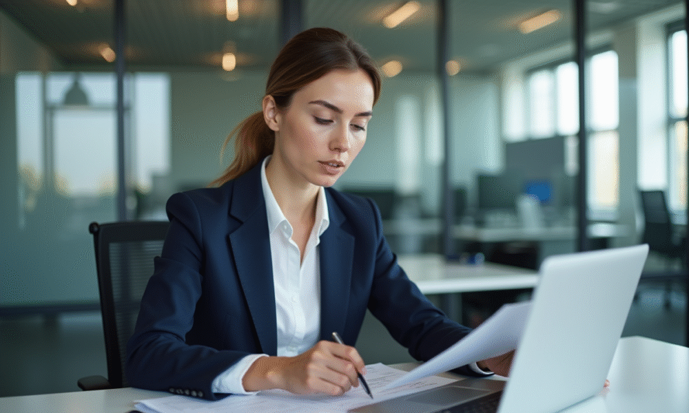 Femme en blazer navy examine des documents au bureau