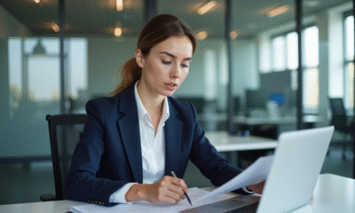 Femme en blazer navy examine des documents au bureau