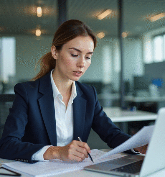 Femme en blazer navy examine des documents au bureau