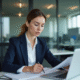 Femme en blazer navy examine des documents au bureau