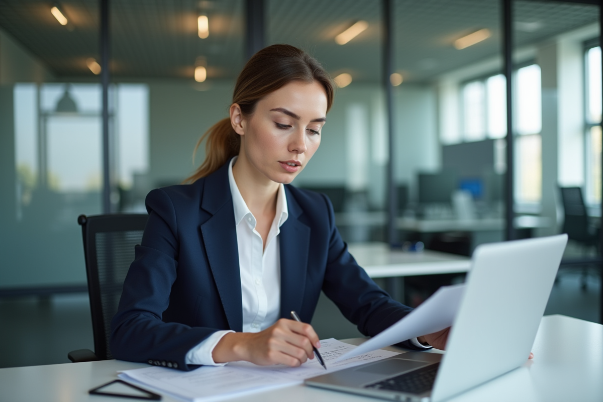Femme en blazer navy examine des documents au bureau