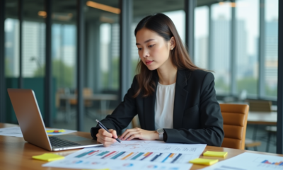Jeune femme d'affaires en réunion stratégique en bureau