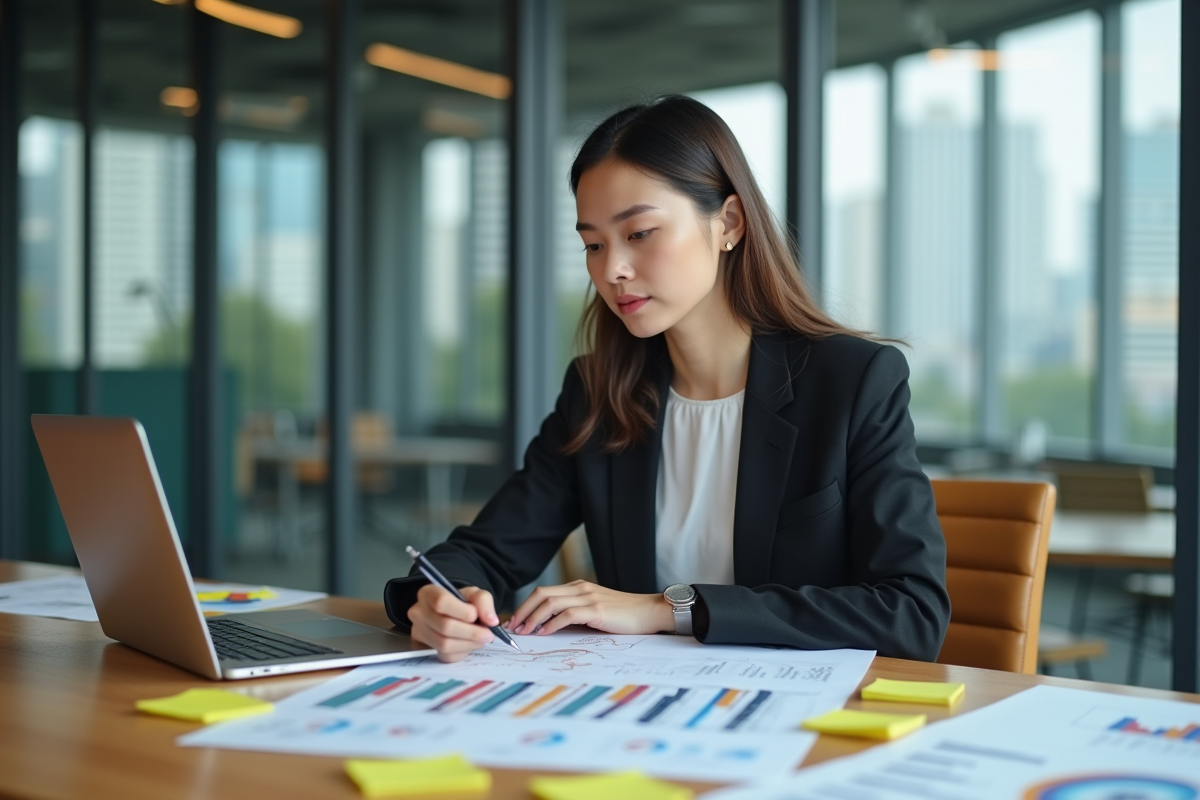 Jeune femme d'affaires en réunion stratégique en bureau