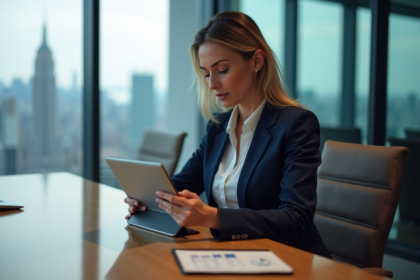 Femme d'affaires en réunion avec graphiques financiers