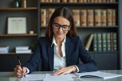 Femme avocate en bureau moderne examine des documents