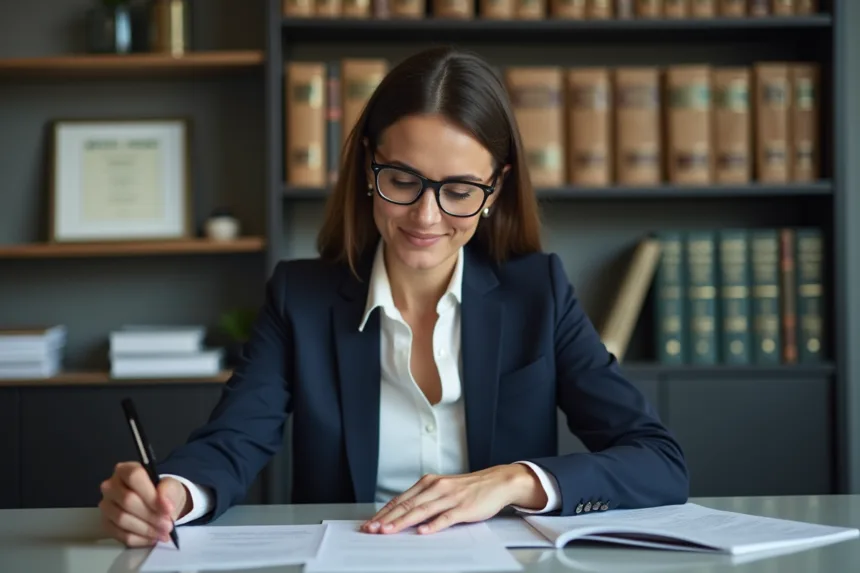 Femme avocate en bureau moderne examine des documents